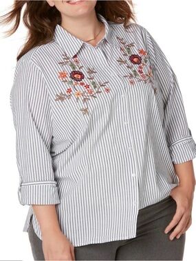 Laura Scott Striped Button-Down Shirt with Floral Embroidery 2X Fall Garden Cute